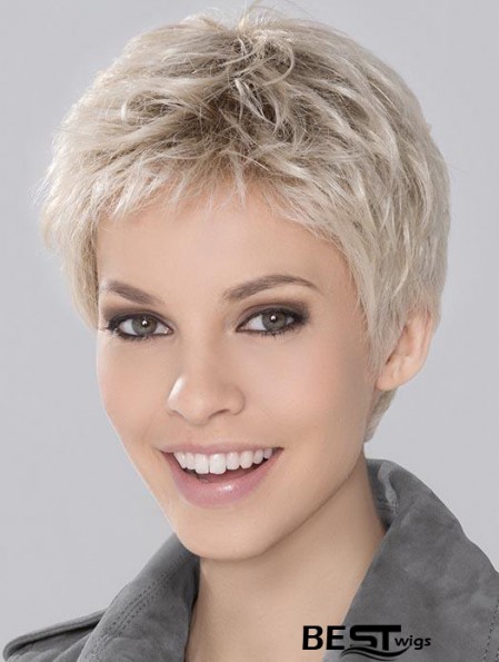 Blonde Synthetic Incredible Cropped Platinum Wavy Monofilament Wigs For Women