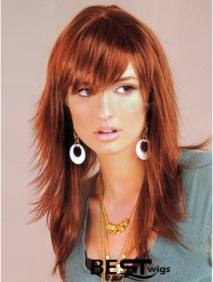 Auburn Color Capless Long Length Layered Cut With Bangs Synthetic Wigs