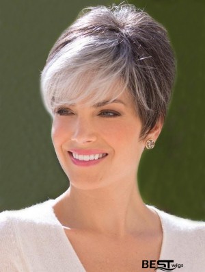 Grey Cropped Straight Capless Boycuts Short Synthetic Wigs For Old Women