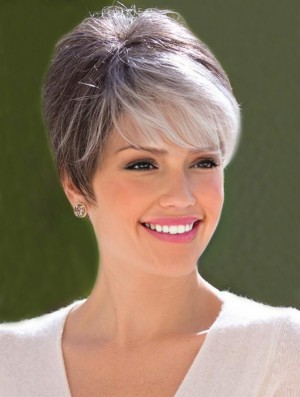 Grey Cropped Straight Capless Boycuts Short Synthetic Wigs For Old Women