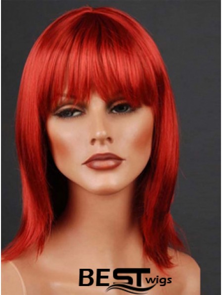 Synthetic Lacefront Wig Monofilament Straight Style Red Color With Bangs