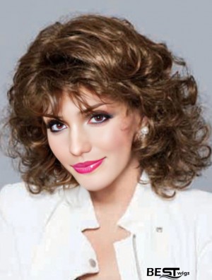 No-Fuss Brown Shoulder Length Curly With Bangs Lace Front Wigs