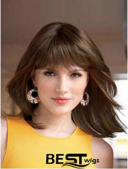 Straight With Bangs Shoulder Length Auburn Style Lace Front Wigs