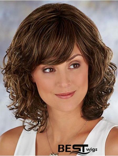 Brown Shoulder Length Wavy With Bangs 13 inch Soft Medium Wigs