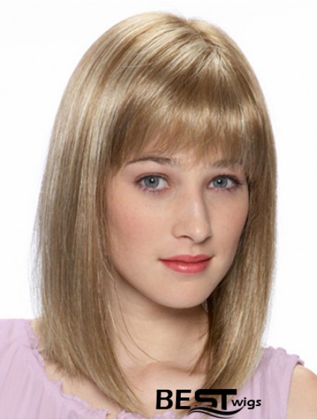 Blonde Shoulder Length Straight With Bangs 14 inch Cheap Medium Wigs