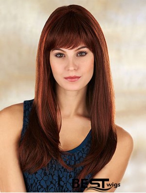 Comfortable Auburn Straight With Bangs Long Wigs