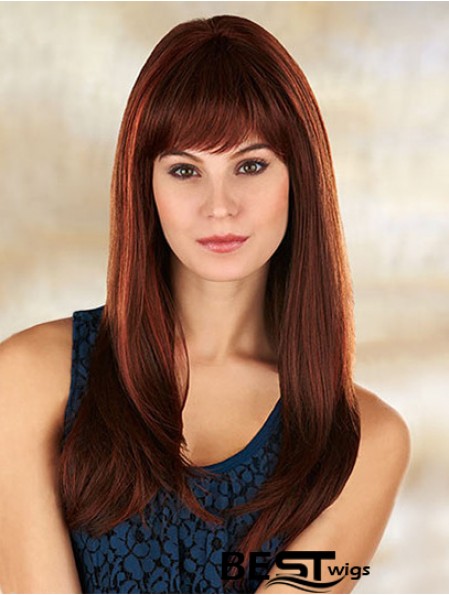 Comfortable Auburn Straight With Bangs Long Wigs