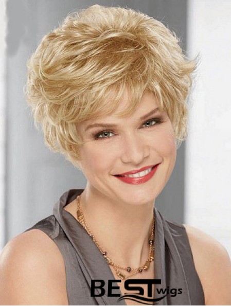 Cheap Synthetic Blonde Color Layered Cut Wavy Style