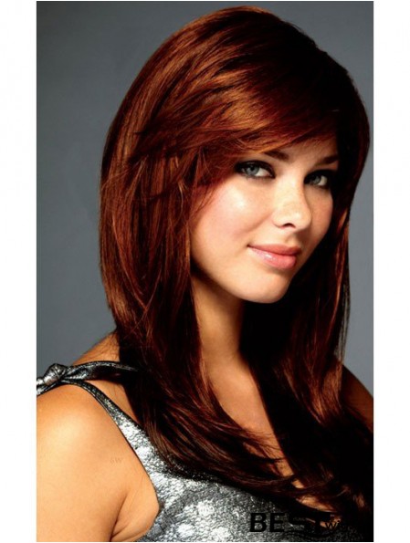 Fashion Auburn Straight With Bangs Lace Front Long Wigs