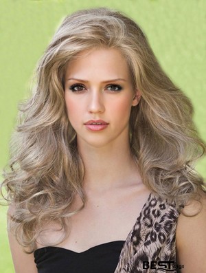 Designed Blonde Long Without Bangs Wavy Glueless Lace Front Wigs