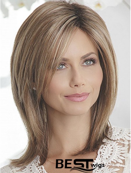 Layered Brown Straight Shoulder Length 14 inch Sleek Medium Wigs