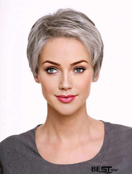 Monofilament 5 inch Cropped Synthetic Straight Grey Wigs