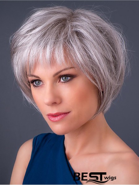 Monofilament 10 inch Chin Length Synthetic Straight Grey Hair Wigs