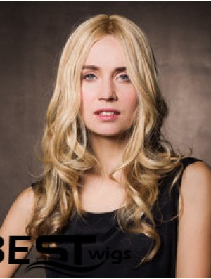 Monofilament Synthetic 17 inch Long Wavy Blonde Without Bangs Cheap Wigs For Cancer Patients