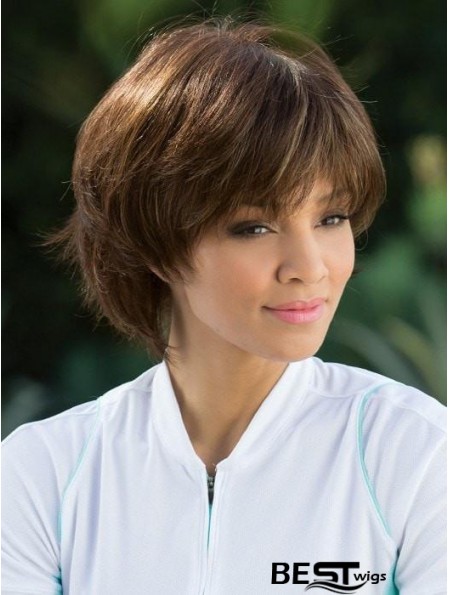 Straight Brown With Bangs 8 inch Mono Top Wigs
