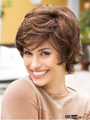 Short Monofilament Wigs Layered Cut Short Length Wavy Style Brown Color