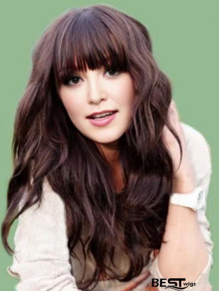 Real Hair Carly Rae Jepsen Wigs Long Length Brown Color With Bangs Monofilament