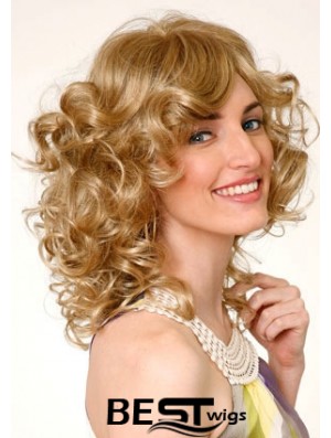 Layered Blonde Curly Shoulder Length 16 inch Durable Medium Wigs