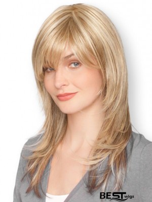 Blonde 16 inch Sleek Long Straight With Bangs Lace Wigs