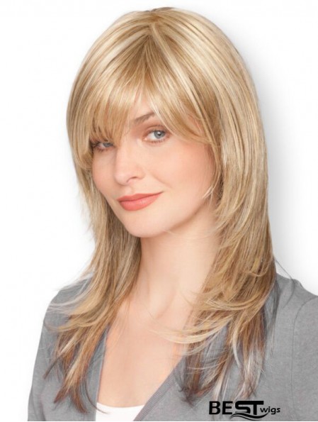 Blonde 16 inch Sleek Long Straight With Bangs Lace Wigs