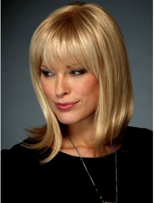 Straight With Bangs Shoulder Length Blonde Affordable Lace Front Wigs