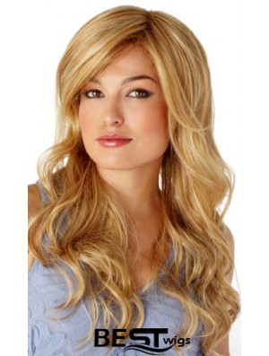 Sleek Blonde Wavy With Bangs Monofilament Long Wigs