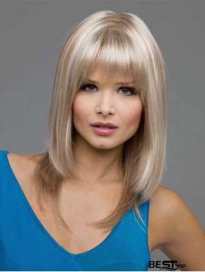 Straight With Bangs Shoulder Length Blonde Best Lace Front Wigs