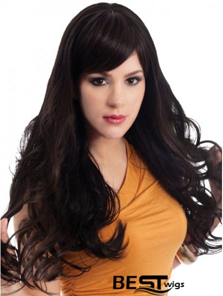Wavy With Bangs Long Black Sassy Lace Front Wigs