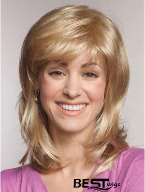 Straight With Bangs Shoulder Length Blonde Popular Lace Front Wigs