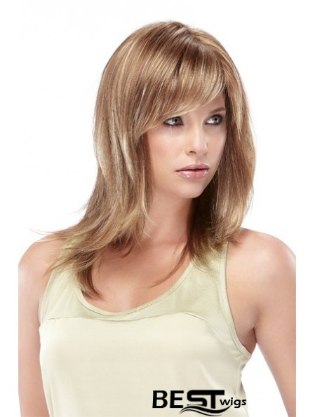 Straight With Bangs Shoulder Length Blonde Designed Lace Front Wigs