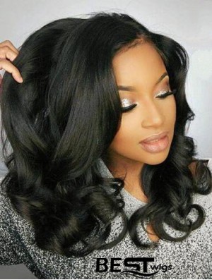 Remy Human Hair Black Wavy 18 inch Without Bangs 360 Lace Wigs