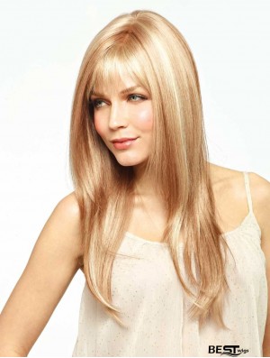 Long Straight With Bangs Convenient Blonde Lace Front Wigs