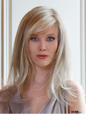 Long Straight With Bangs Blonde Sleek 100% Hand-tied Wigs