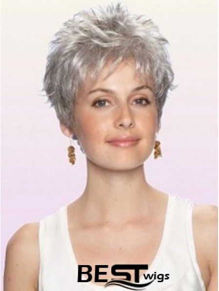 Grey Wig With Capless Cropped Length Boycuts Wavy Style