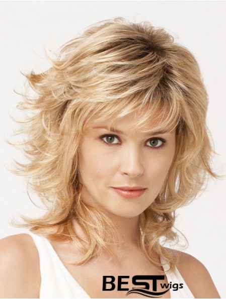 Shoulder Length Layered 13 inch Wavy Blonde Medium Wigs