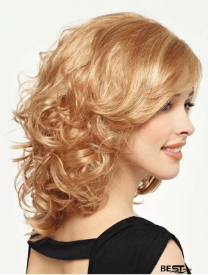 Curly Wig With Bangs Shoulder Length Blonde Color With Capless