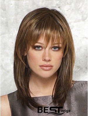 Sassy Straight Brown Shoulder Length With Bangs Medium Wigs