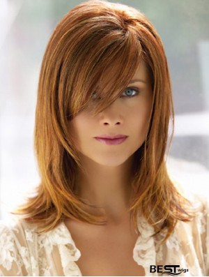 Shoulder Length With Bangs 14 inch Straight Auburn Medium Wigs