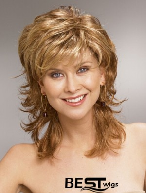 Shoulder Length Layered 13 inch Wavy Blonde Medium Wigs