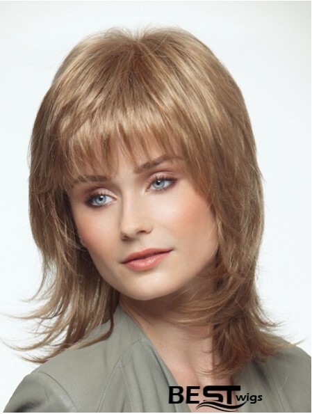 Shoulder Length Layered 14 inch Straight Blonde Medium Wigs