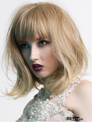 Shoulder Length With Bangs 14 inch Wavy Blonde Medium Wigs