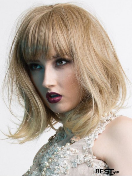 Shoulder Length With Bangs 14 inch Wavy Blonde Medium Wigs