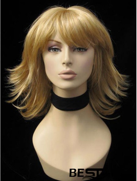 Convenient Straight Blonde Shoulder Length With Bangs Medium Wigs