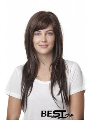 Ideal Brown Straight With Bangs Monofilament Long Wigs