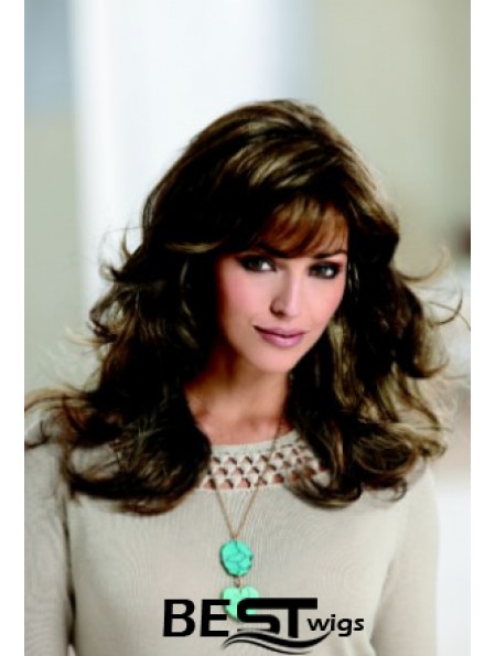 Sleek Brown Wavy With Bangs Capless Long Wigs