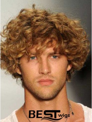 Blonde 8inch Remy Human Hair Curly Layered Capless  Mens Wigs