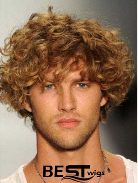 Blonde 8inch Remy Human Hair Curly Layered Capless  Mens Wigs