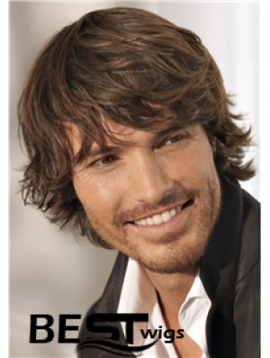 Brown Remy Human Short Wavy Monofilam Cheap Wigs For Men