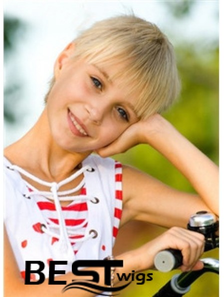 Straight Short Blonde Remy Human Hair 100% Hand-tied Kids Wigs