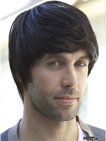 100% Hand Tied Short Black Straight With Bangs Professional Wigs Men 